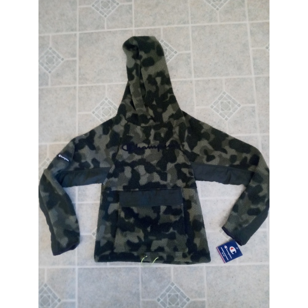 New Champion Hoodie XS Camo Sherpa Crinkle Nylon Logo Pocket Drawstring Camping